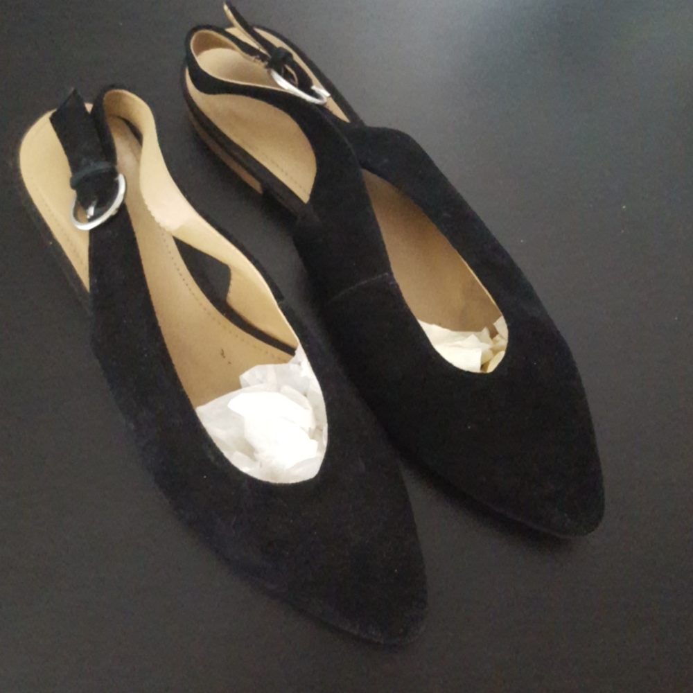 GUNMETAL Black Suede Leather Sling Flats
